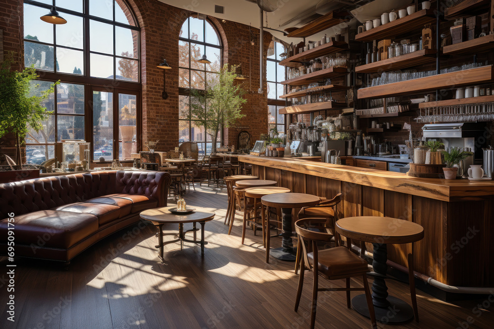 Cozy and inviting interior of a craft coffee shop with large windows, where the warmth of a rustic aesthetic meets modern minimalism, background with copy space