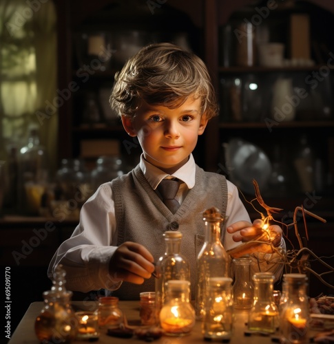 a young boy holding a laboratory set up