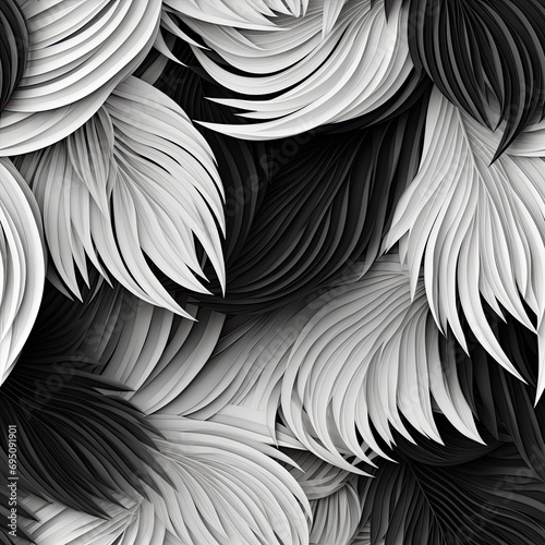 Seamless Pattern of a 3D Illustration of black and white Paper Quilling peacock Feathers,paper filigree Feather Seamless Pattern. 