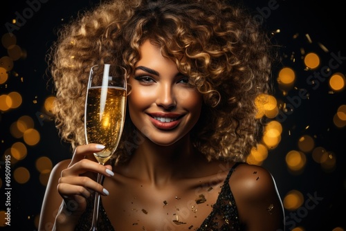a woman holding a glass of champagne with confetti behind her