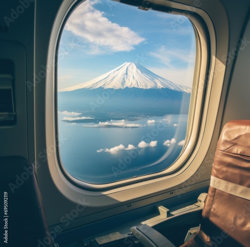 a view of a mount fuji mountain is seen through the window of an airplane