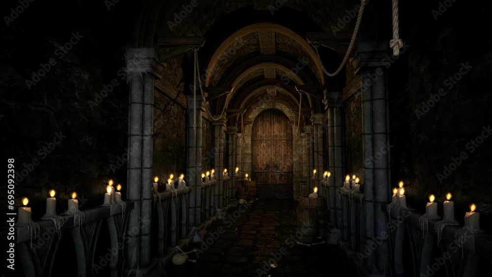 3D animation of dark moody corridor in an old medieval dungeon lit by candles along the walls.