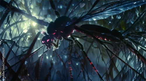 Giant mosquito insect creature in the rainforest zooming in animation photo
