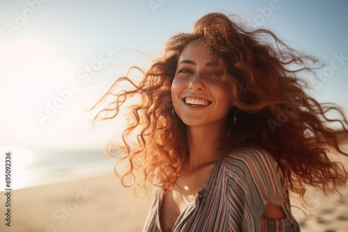 Beautiful young lady with long healthy curly red hair smiling on ocean beach