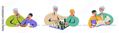 Smiling grandfather and grandson spending time together, reading book, having dinner, playing chess photo