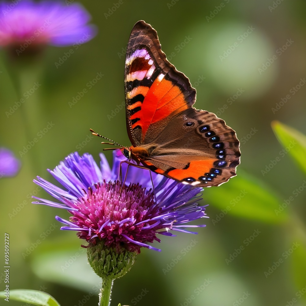 Obraz premium Brown and red butterfly perched on purple flower