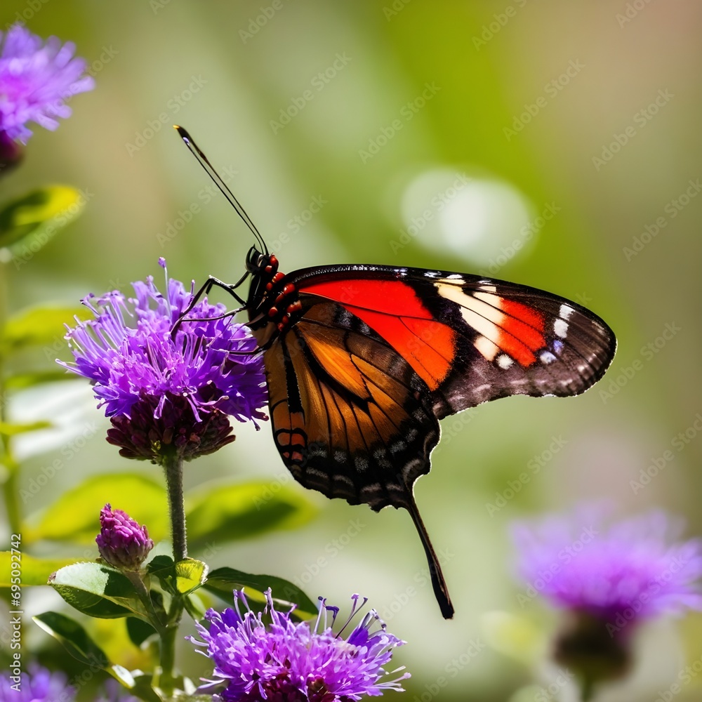 Obraz premium Brown and red butterfly perched on purple flower