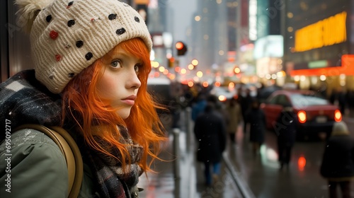 A woman with red hair and a beret walks curiously down a busy street in cold weather.