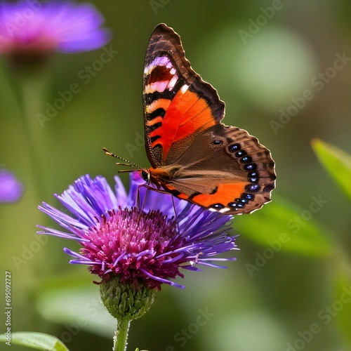 Brown and red butterfly perched on purple flower