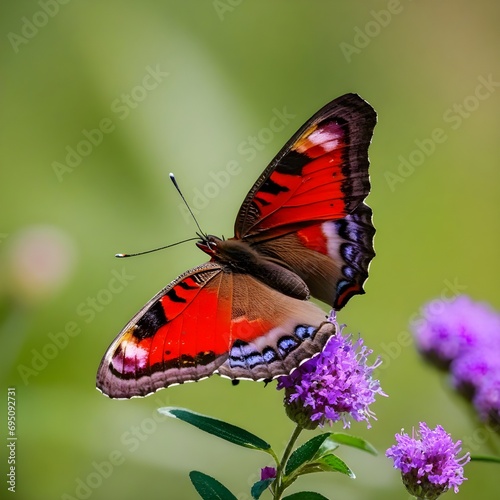 Brown and red butterfly perched on purple flower