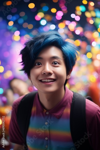 A man with blue hair and a backpack smiles, radiating excitement and curiosity.