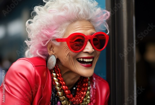 an elderly woman in red sunglasses smiling