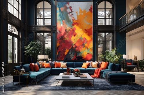 an apartment with a large painting on a wall