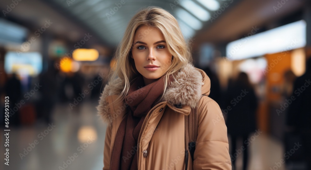 an attractive young woman in a brown coat. standing in an airport