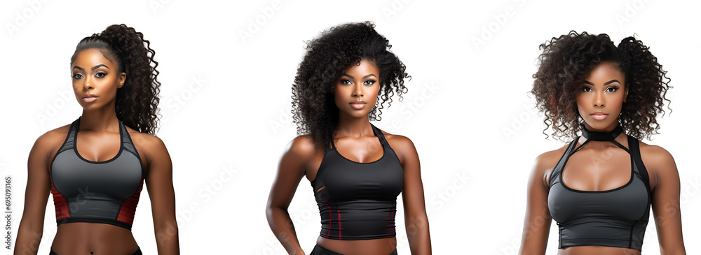 Set of fitness gear on a black woman for gym showcase, Isolated on ...