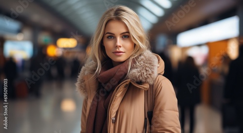 an attractive young woman in a brown coat. standing in an airport © olegganko