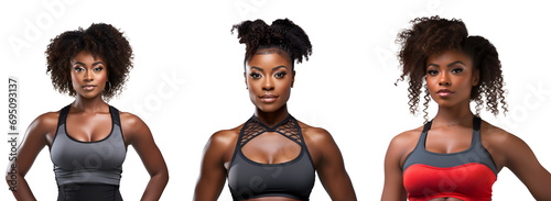 Set of gym clothing showcased by a fitness black woman, Isolated on Transparent Background, PNG