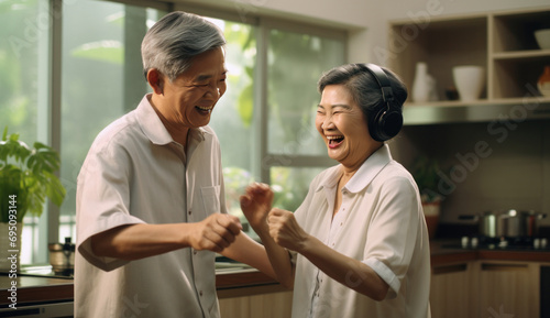 an asian couple dancing together to music