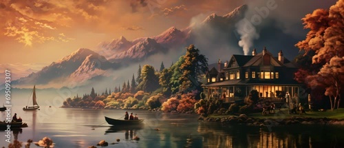 Beautiful and calm lakeside mansion and a boat on the lake ambience animation photo