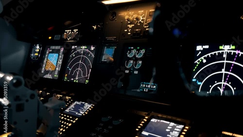 close-up of radar control and navigation panel in cockpit of airplane screens and buttons flight simulator
