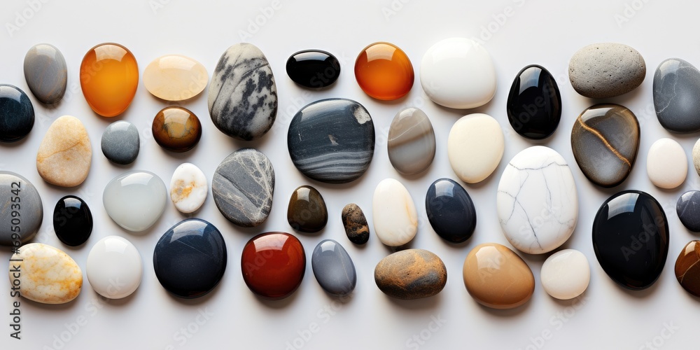 Beautiful round natural stones on a light background. View from above. Generative AI