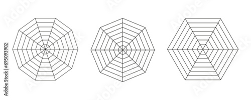 Radar, spider diagram templates. Polygon graphs. Spider mesh. Diagram for statistic, analytic. Blank radar simple charts. Coaching tools. Flat grids with 6, 8,10 segments. Vector graphic illustration.