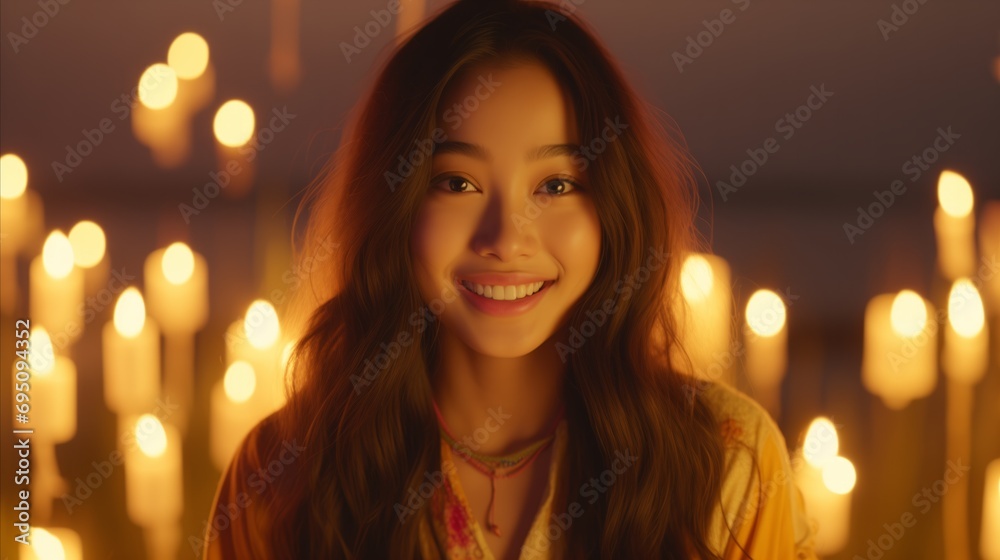A woman smiling in front of candles, radiating warmth and joy. A woman smiling in front of candles, radiating warmth and joy.