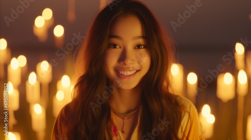 A woman smiling in front of candles, radiating warmth and joy. © OKAN