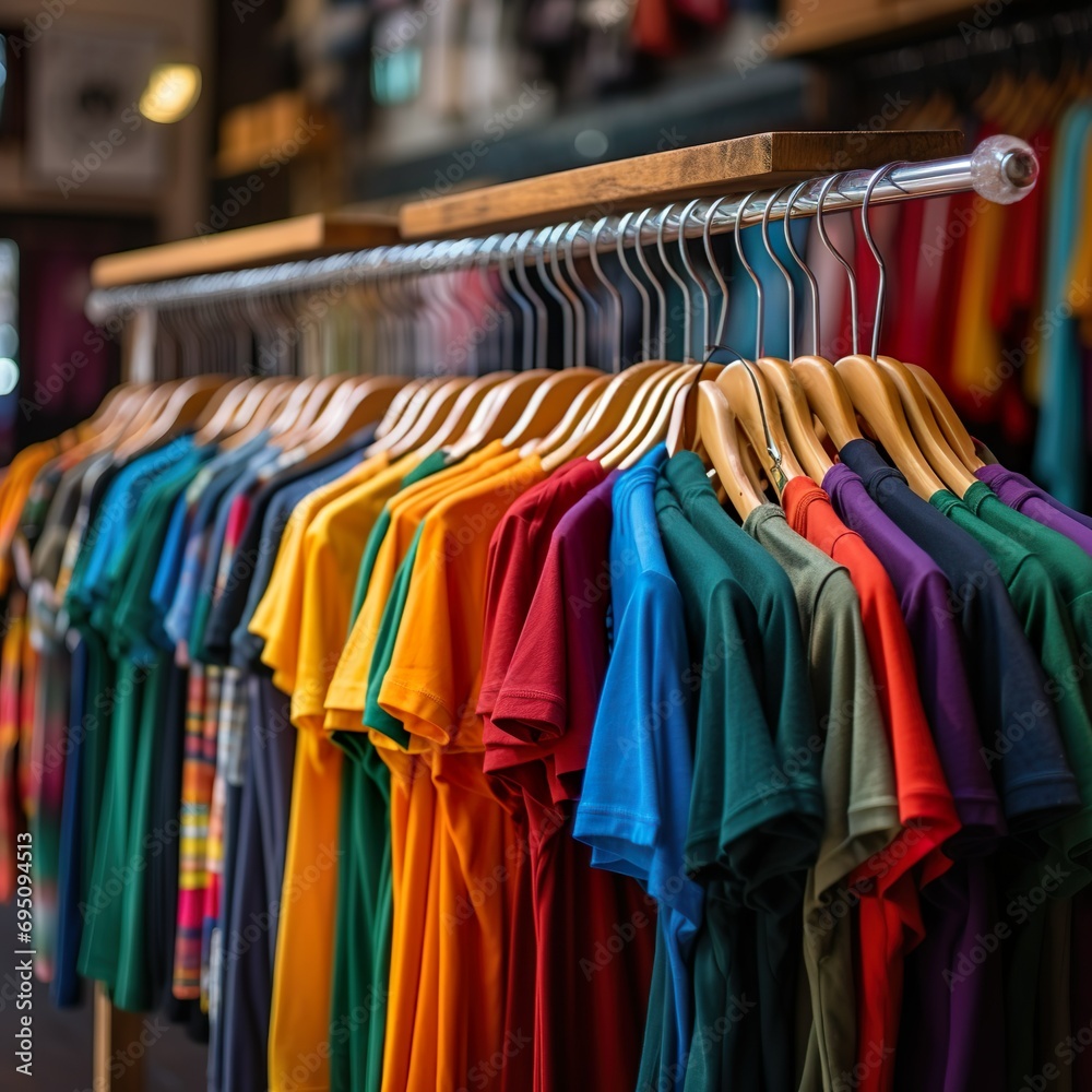 Colorful and vibrant clothes hanging in a small business shop retail. Reduce Reuse Recycle concept. Good quality products