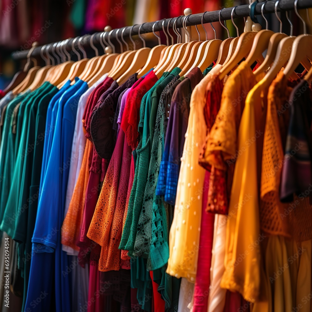 Colorful and vibrant clothes hanging in a small business shop retail. Reduce Reuse Recycle concept. Good quality products Colorful and vibrant clothes hanging in a small business shop retail. Reduce Reuse Recycle concept. Good quality products