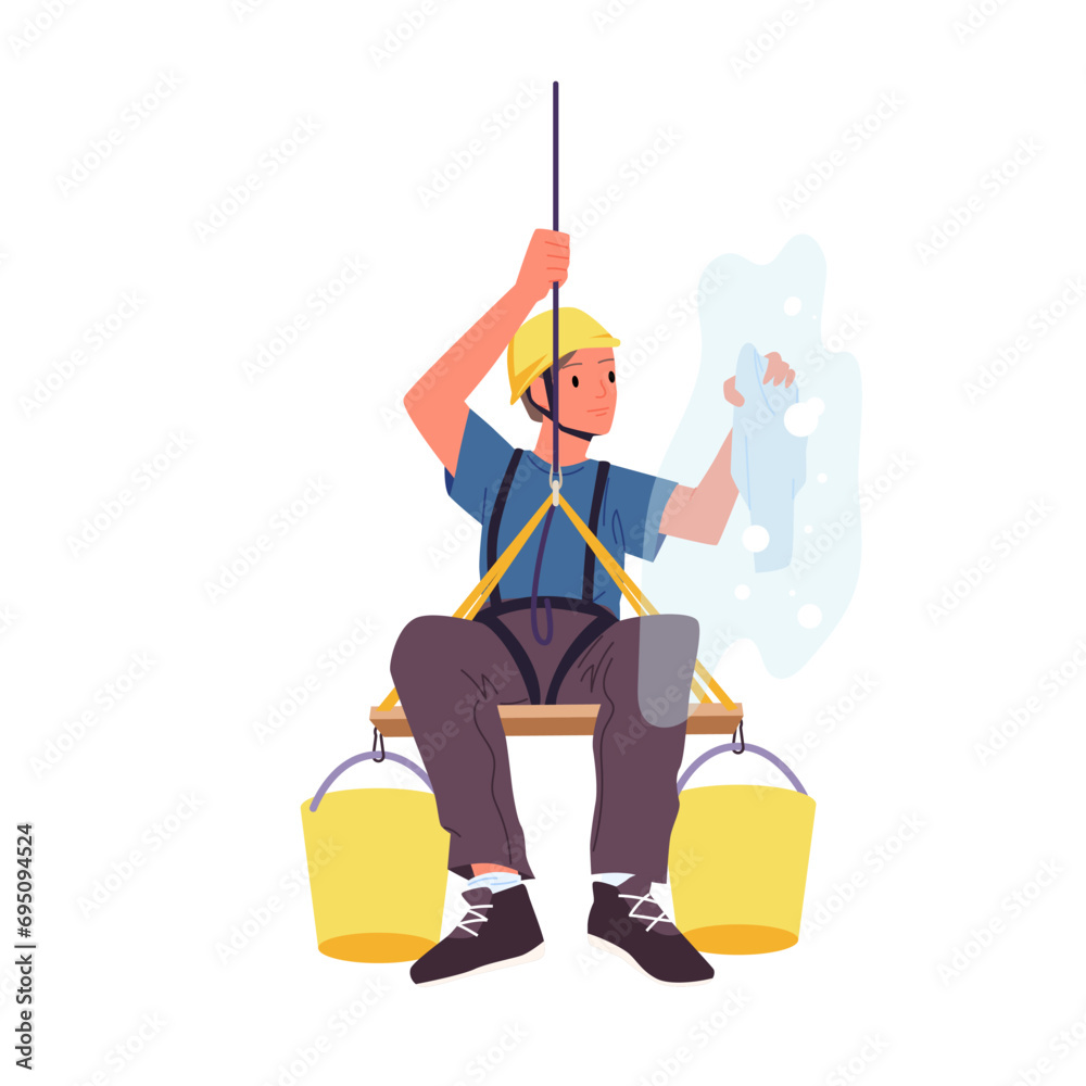 Worker of maintenance service cleaning dirty window glass of building with sponge and water vector illustration. Cartoon isolated professional industrial climber in helmet hanging on security belt Worker of maintenance service cleaning dirty window glass of building with sponge and water vector illustration. Cartoon isolated professional industrial climber in helmet hanging on security belt