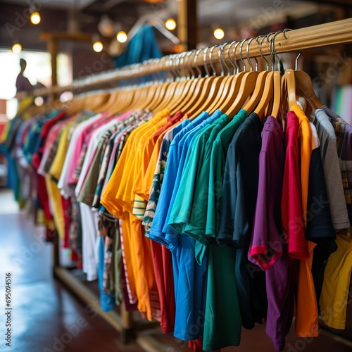 Colorful and vibrant clothes hanging in a small business shop retail. Reduce Reuse Recycle concept. Good quality products