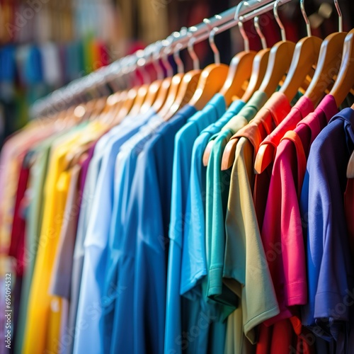 Colorful and vibrant clothes hanging in a small business shop retail. Reduce Reuse Recycle concept. Good quality products