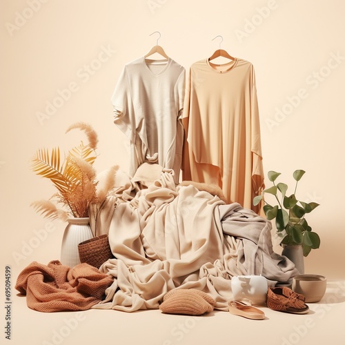 Fast fashion, consumerism and overconsumption concept. Neutral colors, natural fabrics and cozy image for wide banner photo