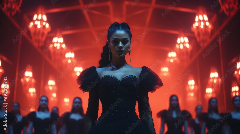 A woman in a black dress confidently stands before a group of people, commanding attention and exuding elegance. A woman in a black dress confidently stands before a group of people, commanding attention and exuding elegance.