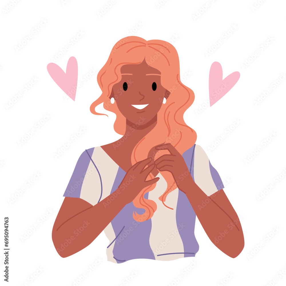 Girl with wavy long hair and smile vector illustration. Cartoon isolated portrait of young curly beautiful happy woman holding waves of blond strands and heart, beauty sticker of curly girl method Girl with wavy long hair and smile vector illustration. Cartoon isolated portrait of young curly beautiful happy woman holding waves of blond strands and heart, beauty sticker of curly girl method
