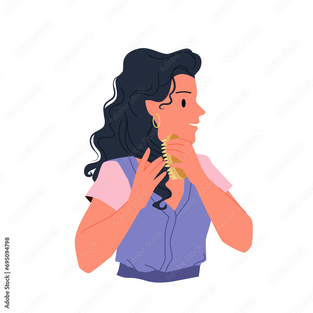 Girl combing wavy black hair vector illustration. Cartoon isolated portrait of beautiful young woman holding brush to comb waves of strands, morning hair care routine of curly female character Girl combing wavy black hair vector illustration. Cartoon isolated portrait of beautiful young woman holding brush to comb waves of strands, morning hair care routine of curly female character