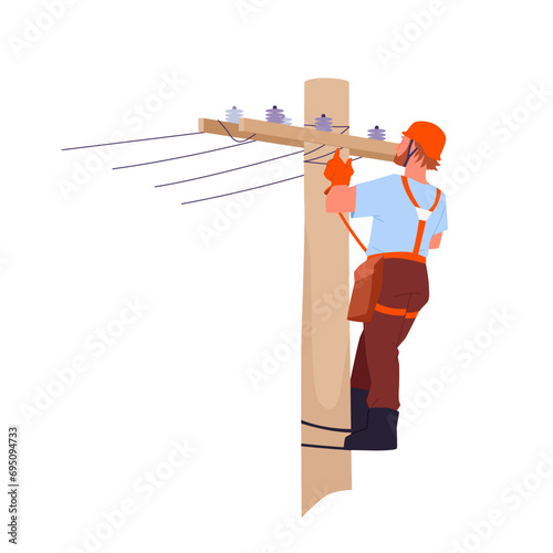 Electrician climbing utility pole to work and repair high voltage power lines vector illustration. Cartoon isolated lineman in helmet and gloves, industrial climber equipment fix transformer and wires