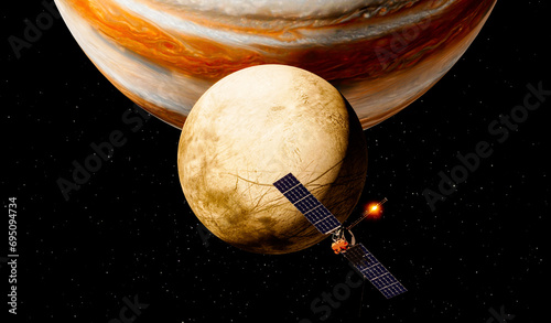 Clipper spacecraft on a flyby over Europas surface with Jupiter rising in the background. 3d rendering. Element of this image are furnished by Nasa