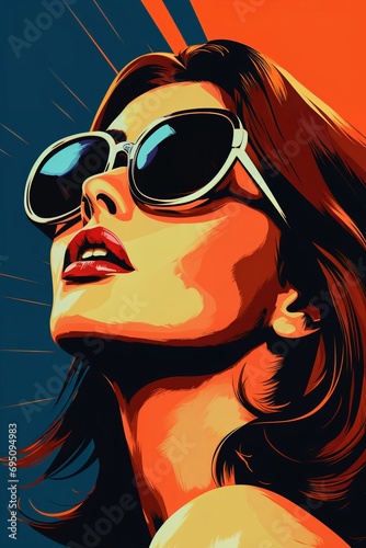 Portrait of a beautiful fashionable woman with a hairstyle and sunglasses, orange and blue color background. Illustration, poster in style of the 1960s