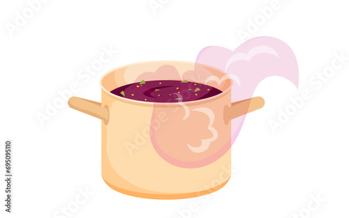 Soup in saucepan with steam vector illustration. Cartoon isolated metal pot with handles and boiling red borsch, preparation process of hot gourmet dish for lunch or dinner in open cooker in kitchen