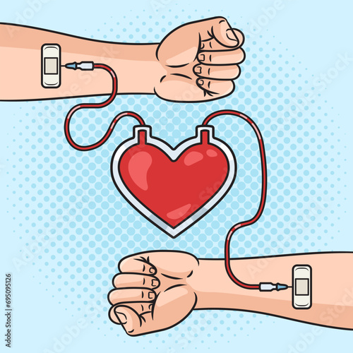 Blood donation pinup pop art retro hand drawn vector illustration. Donor gives blood. Comic book style imitation.