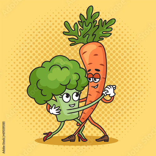 broccoli and carrot dance tango pop art retro hand drawn vector illustration. Comic book style imitation.