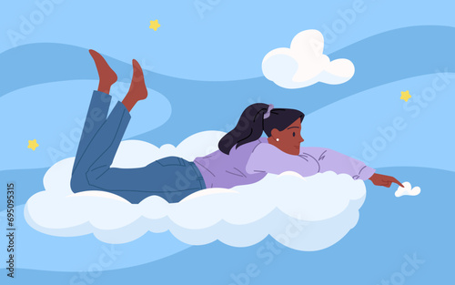 Thinking and serene fantasy dreams, happy alone time of girl vector illustration. Cartoon side view of young woman lying and touching soft white fluffy cloud in blue summer sky, person flying in air