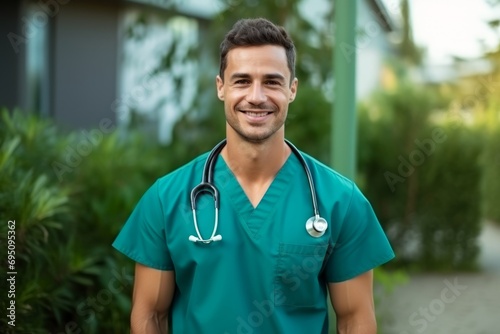 Young smiling doctor or nurse in green uniform close-up, portrait of a smiling doctor in clinic looking at camera