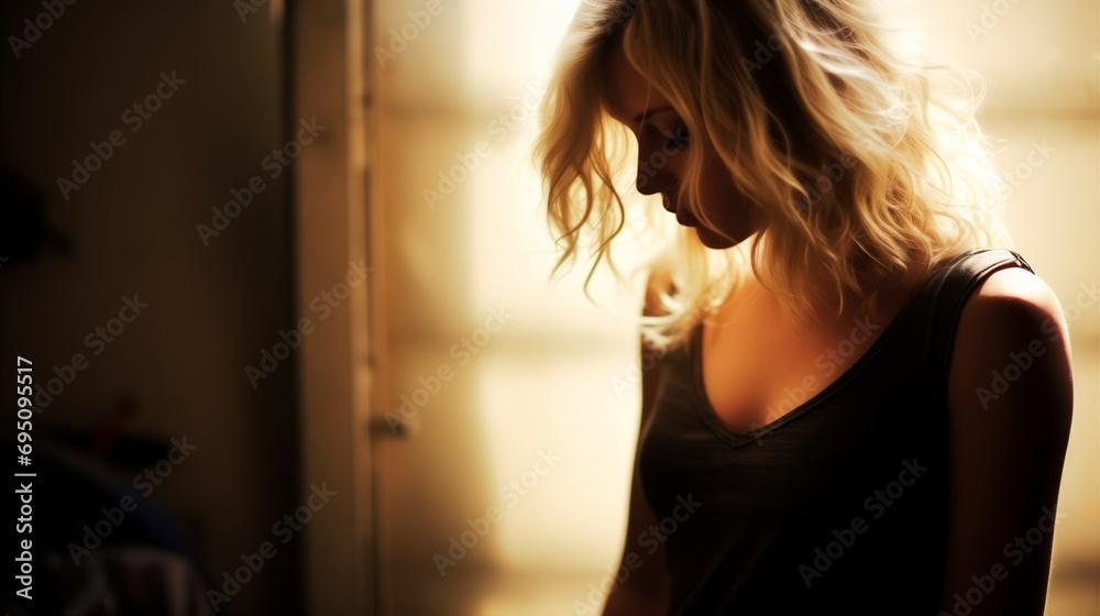 Obraz premium Woman standing sadly in a dimly lit room.