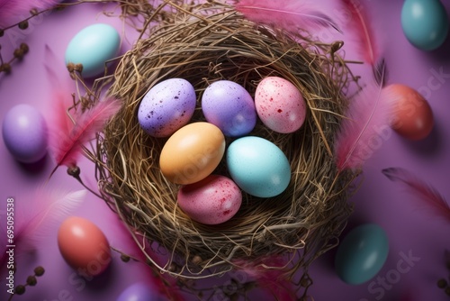 Multicolored pastel Easter eggs in a nest, top view, Happy Easter