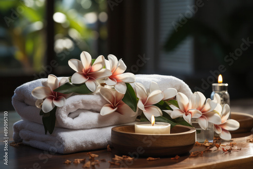 The gentle glow of a candle illuminates a peaceful arrangement of fresh plumeria flowers on soft  fluffy towels  invoking the essence of a luxurious spa experience