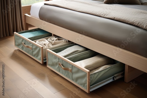 Drawers and cabinets hidden under the bed. Storage solution for small space photo