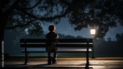 A person sitting alone on a bench under the night sky, contemplating in solitude and tranquility.